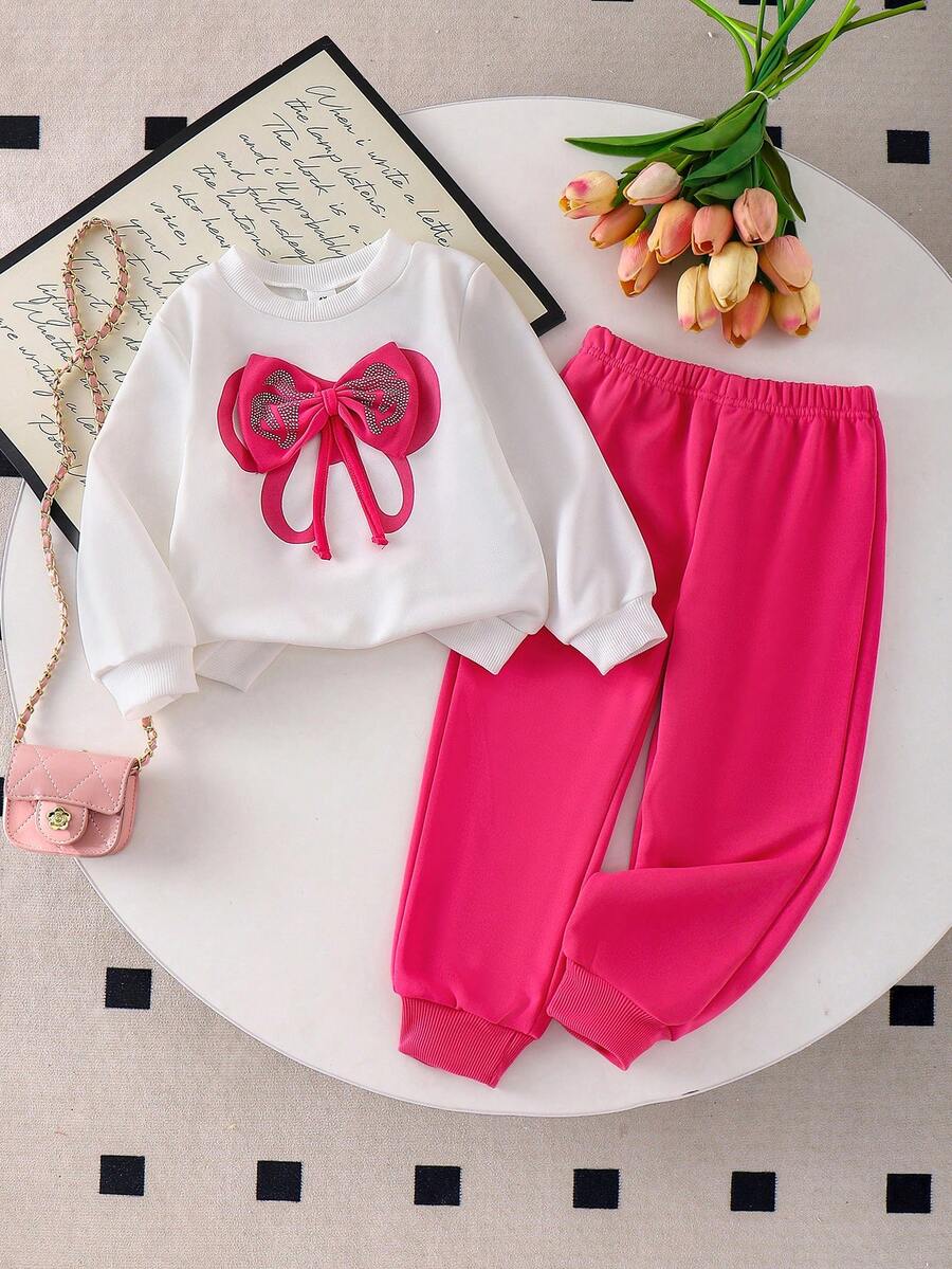 SHEIN Playful Pals 两件套女童针织长袖圆领3D蝴蝶结水钻印花卫衣和纯色束口裤套装，休闲可爱日常穿着，春秋季 - 白色 - 查看 1