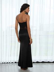 Opulessa Women's Contrast Lace Fishtail Hem Fitted Elegant Strapless Dress, Chic Elegant Dress For Party, Luxury Wedding Guest Party Dress,  Christmas Party, Elegant New Year's Eve Outfits - Black - View 4