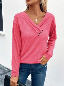 SHEIN LUNE 女士纯色V领落肩长袖纽扣设计休闲T恤 - 玫紅色 - 查看 3