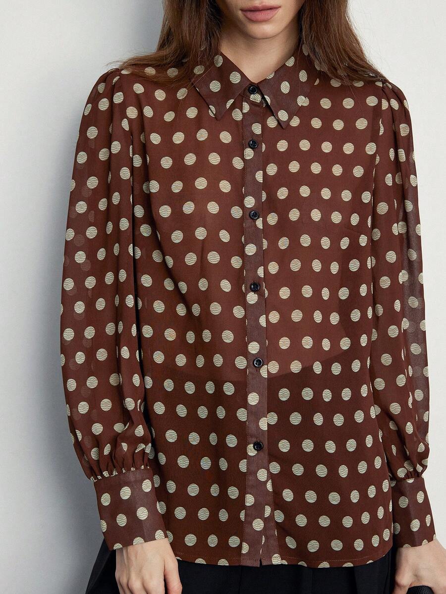 Aveloria Modichic Commuting Polka Dot Sheer Versatile Elegant Slimming Chiffon Long Sleeve Blouse - Coffee Brown - View 1
