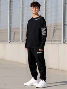 Vacaura 2pcs/Set Teenager Casual Letter Print Long Sleeve Sweatshirt And Drawstring Waist Jogger Pants Sports Outfit Fall Winter