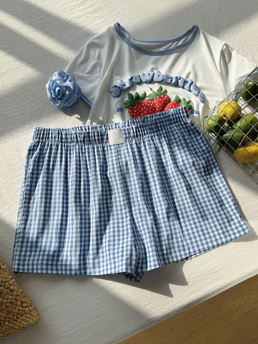 Comfortcana Shorts a cuadros de talla grande, de moda para el verano - Celeste - View 1