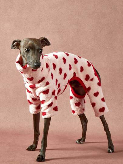 PETSIN Pawparrel 1 st Husdjur Höst/Vinter Mode Söt Röd Kärlek Tryckt Dubbelsidig Plysch Varm Och Elastisk Bekväm Hund Jumpsuit Med Hög Krage
