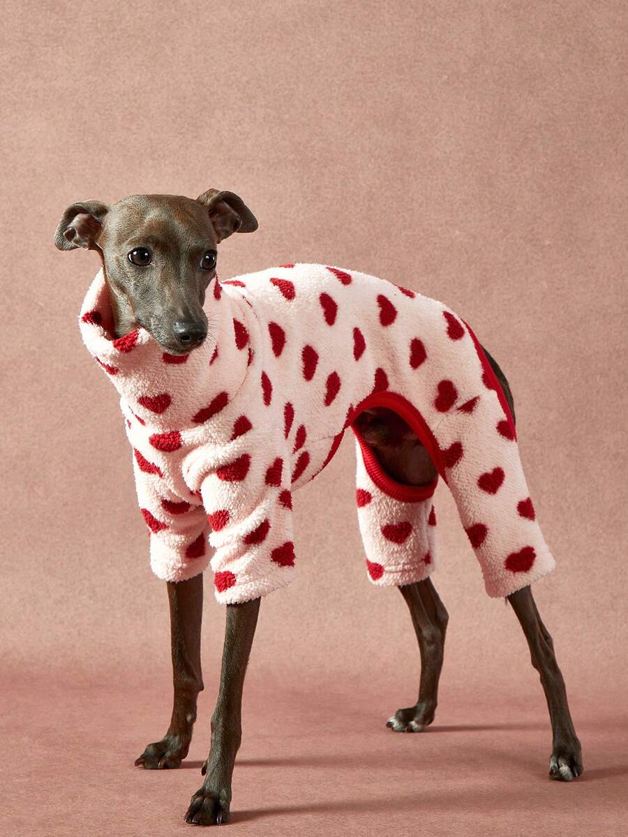 PETSIN Pawparrel 1pc Pet Autumn/Winter Fashion Cute Red Love Printed Double Sided Plush Warm And Elastic Comfortable Dog High Collar Jumpsuit - Multicolor - View 1