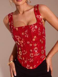Glamine Women's Floral Sequin Asymmetric Hem Fashion Tank Top Red Sequin Top Corsets Women Tops Corset Top Dress Red Lace Top Christmas Party Dress
