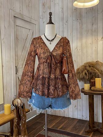 Wildy Camisa de verano para mujer con estampado de paisley, volantes en el bajo y nudo delantero