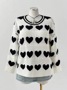 Sunspun Plus Size Women's Contrast Color All-Over Heart Jacquard Pattern Pullover Sweater, Suitable For Autumn/Winter/Spring - Black and White - View 4