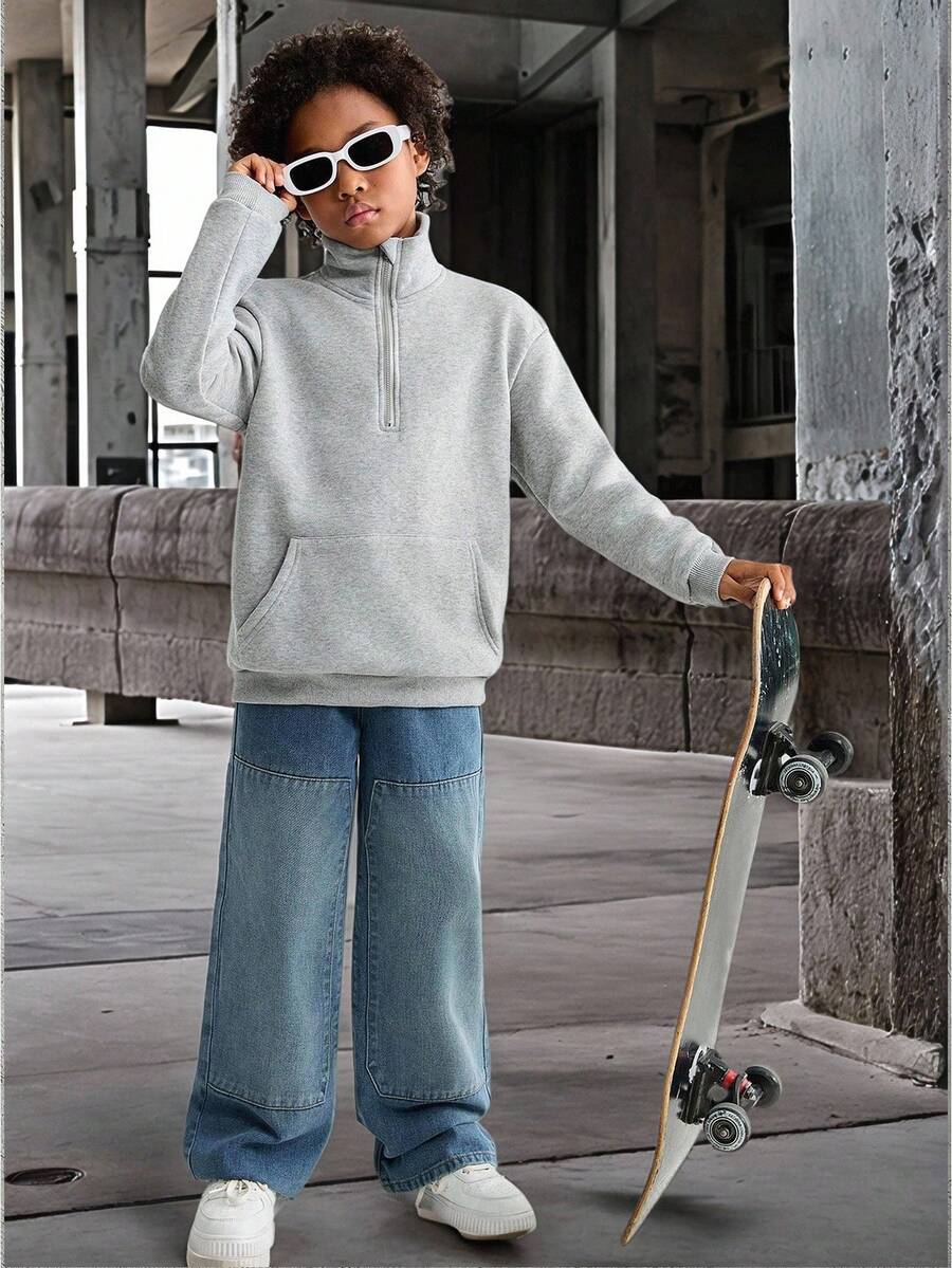 SHEIN Tween Boy 百搭休闲拉链半开套头运动衫