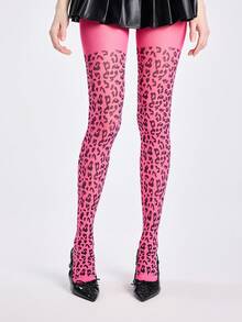ROMWE Goth 1 Pair Dark Leopard Print Tights, Suitable For Pairing With Skirts, All Season