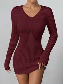 Flirla Women's Solid Color V-Neck Long Sleeve Fitted Knit Sweater Dress, Autumn/Winter - Burgundy - View 4