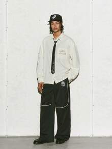 PAVTROS 男士标语条纹落肩长袖单排扣休闲宽松衬衫 - 白色 - 查看 6