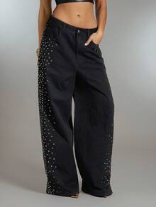 Denimoi 圆形金属装饰阔腿宽松牛仔裤，适合演唱会穿着，彰显个性的牛仔街头风。 - 黑色 - 查看 1