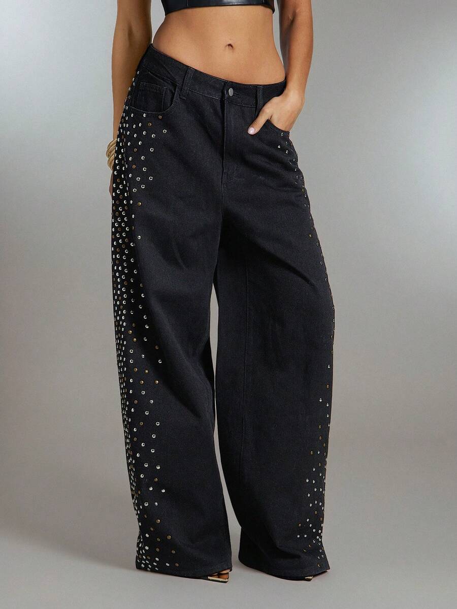 Denimoi 圆形金属装饰阔腿宽松牛仔裤，适合演唱会穿着，彰显个性的牛仔街头风。 - 黑色 - 查看 1