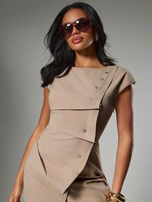 Hauture 女士性感休闲办公室纯色褶皱短袖迷你连衣裙 - 卡其色 - 查看 3