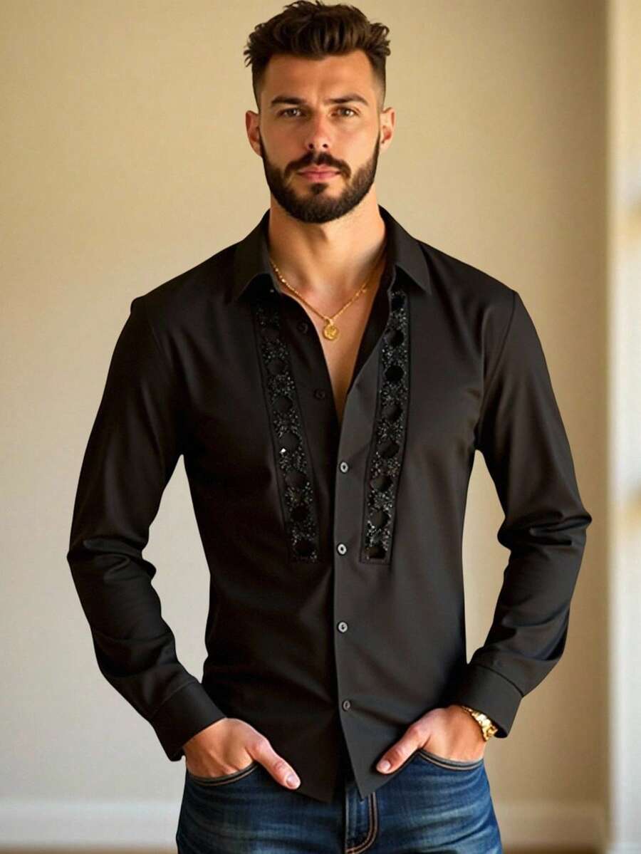 EASEVO Áo sơ mi nam cỡ lớn, màu trơn, phối ren, cài cúc phía trước, tay dài, thiết kế màu đen, áo sơ mi nam cao cấp. - màu đen - Xem 1