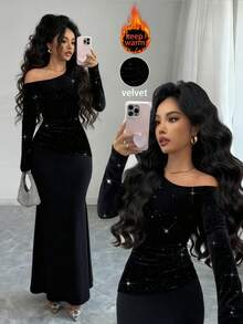 Elenzga Váy dài tay lệch vai đính cườm lấp lánh, thắt eo dành cho nữ, thích hợp cho các bữa tiệc, dạ hội, hẹn hò, mùa thu/đông - màu đen - Xem 1