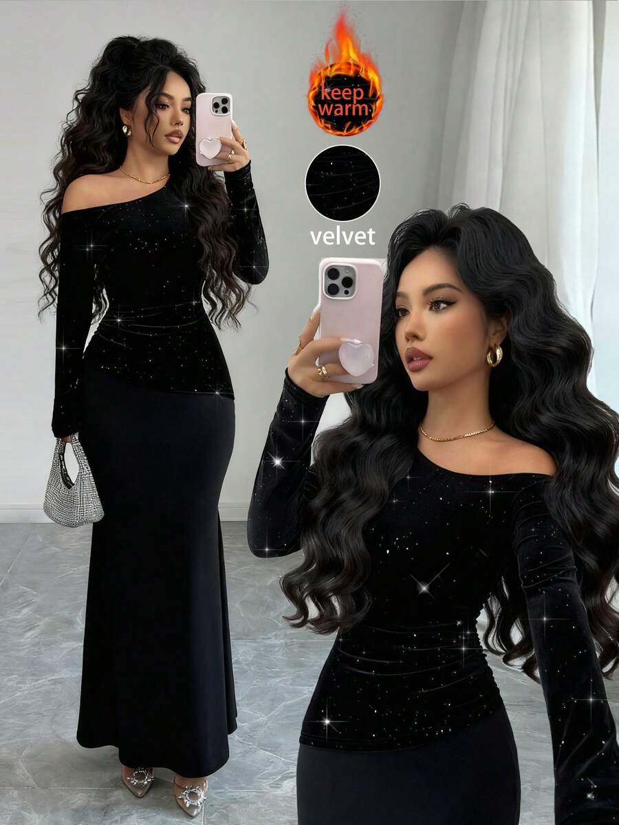 Elenzga Váy dài tay lệch vai đính cườm lấp lánh, thắt eo dành cho nữ, thích hợp cho các bữa tiệc, dạ hội, hẹn hò, mùa thu/đông - màu đen - Xem 1