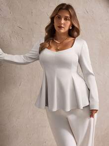 SHEIN LUNE 大码女式甜心领方领荷叶边下摆休闲衬衫 - 白色 - 查看 3