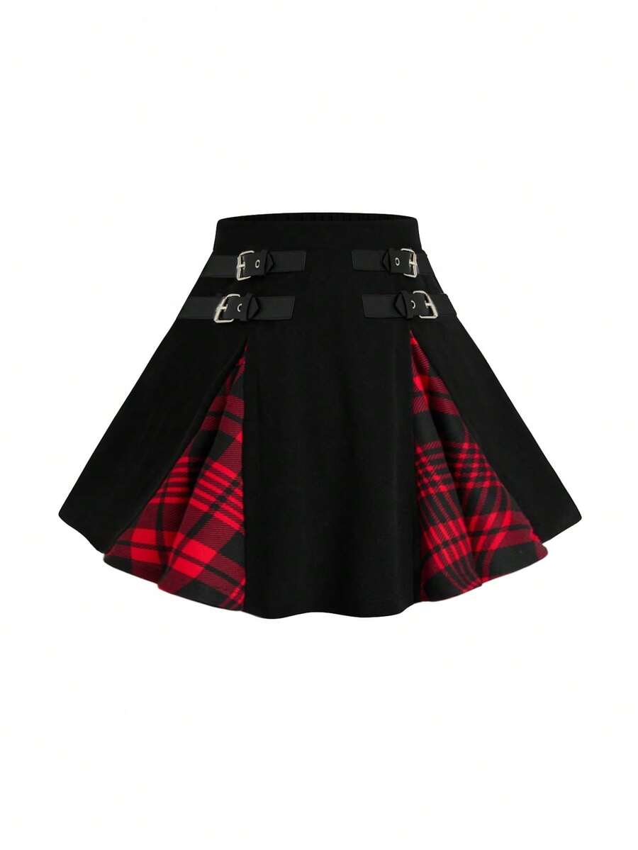 Sweetra Fall Autumn And Winter Punk Plus Size Fashionable Punk Plaid Patchwork Leather Buckle Decor Mini Skirt - Black - View 1