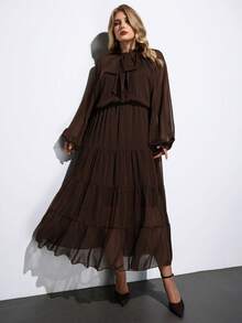 Maija Plus Size Women's Brown Elegant Dinner Tea Party Maxi Dress,Twist Collar Lantern Sleeve Layered Hem Semi-Sheer Retro Country Office Business Casual - Brown - View 7
