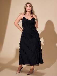 Hourglow Robe camisole à volants multicouches avec fente sur le côté pour femmes de grande taille, couleur unie, , pour silhouette en sablier et en forme d'heure de sablier, 2026 Nouvel An - Noir - Voir 7