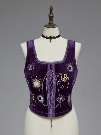 EDITION Top ajustado de terciopelo con bordado de luna y estrellas, para el Día de la Bruja, de uso versátil