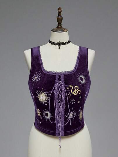 EDITION Top ajustado de terciopelo con bordado de luna y estrellas, para el Día de la Bruja, de uso versátil