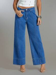 Denimoi Women's Casual Everyday Commute Simple Versatile Solid Color Seam Front Loose Wide-Leg Jeans - Blue - View 4