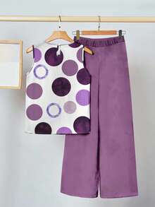 SHEIN Clasi Bộ 2 món áo cổ tròn họa tiết chấm bi đơn giản và quần ống rộng thoải mái cho nữ, mùa hè - Nhiều màu - Xem 2