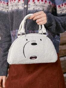 We Bare Bears X SHEIN 时尚黄色卡通图案手提包波士顿包，休闲校园街头风 - 白色 - 查看 8