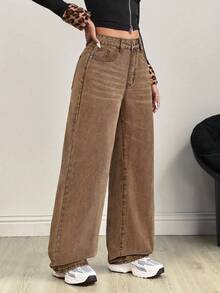 SHEIN Tall Fashionable Casual Tall Straight Leg Washed Denim Jeans - Brown - View 4