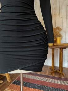 Wildy Autumn Long Sleeve Ruched Waist Tight Fitted Elegant Black Short Dress For Women - Black - View 6