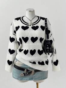 Sunspun Plus Size Women's Contrast Color All-Over Heart Jacquard Pattern Pullover Sweater, Suitable For Autumn/Winter/Spring - Black and White - View 1