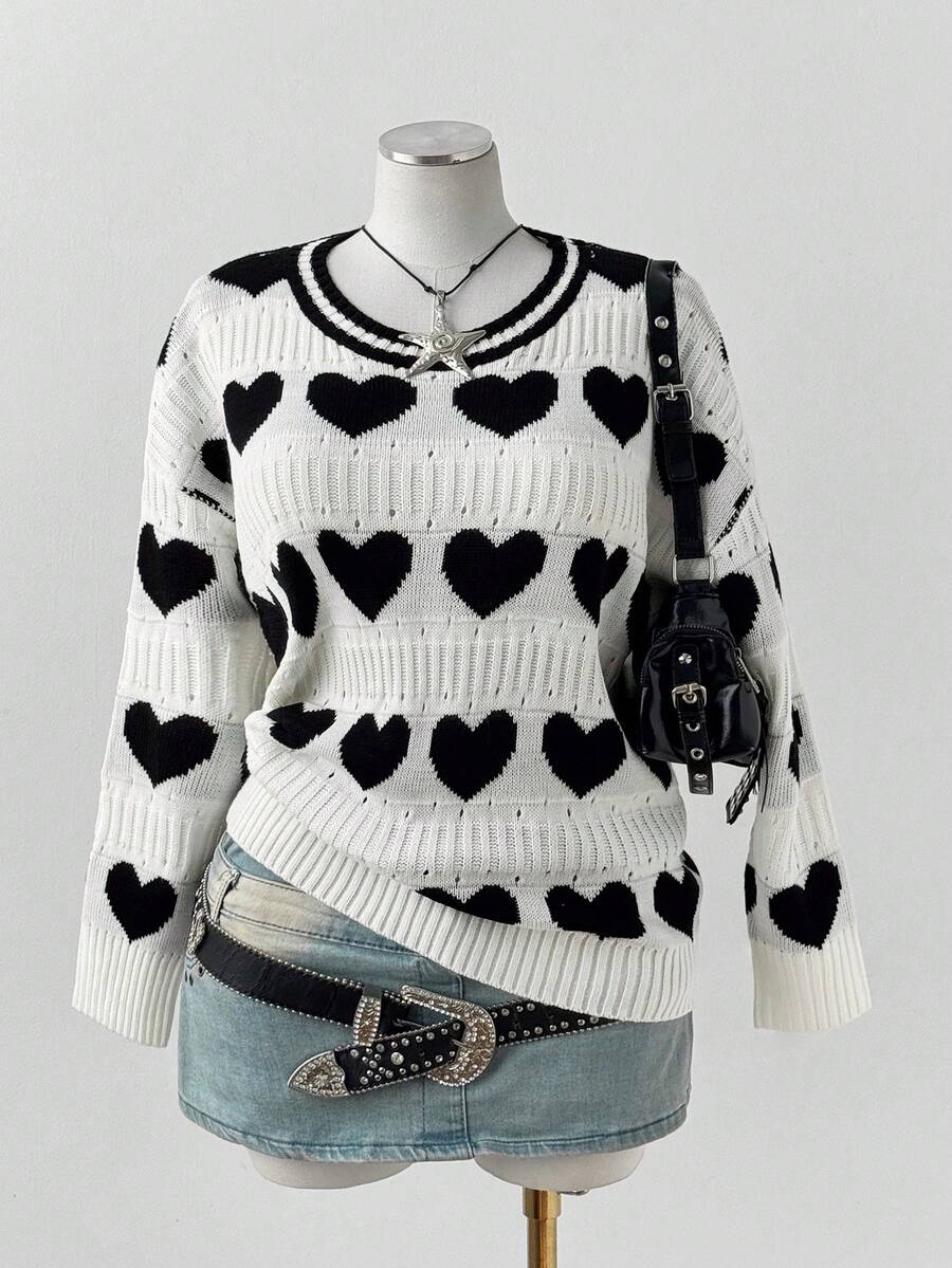 Sunspun Plus Size Women's Contrast Color All-Over Heart Jacquard Pattern Pullover Sweater, Suitable For Autumn/Winter/Spring - Black and White - View 1