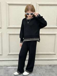 SHEIN 少女休闲时尚百搭撞色滚边套头毛衣和宽松针织裤套装，适合周末、休闲外出、返校、万圣节、圣诞节等秋冬季穿着。 - 黑色 - 查看 3