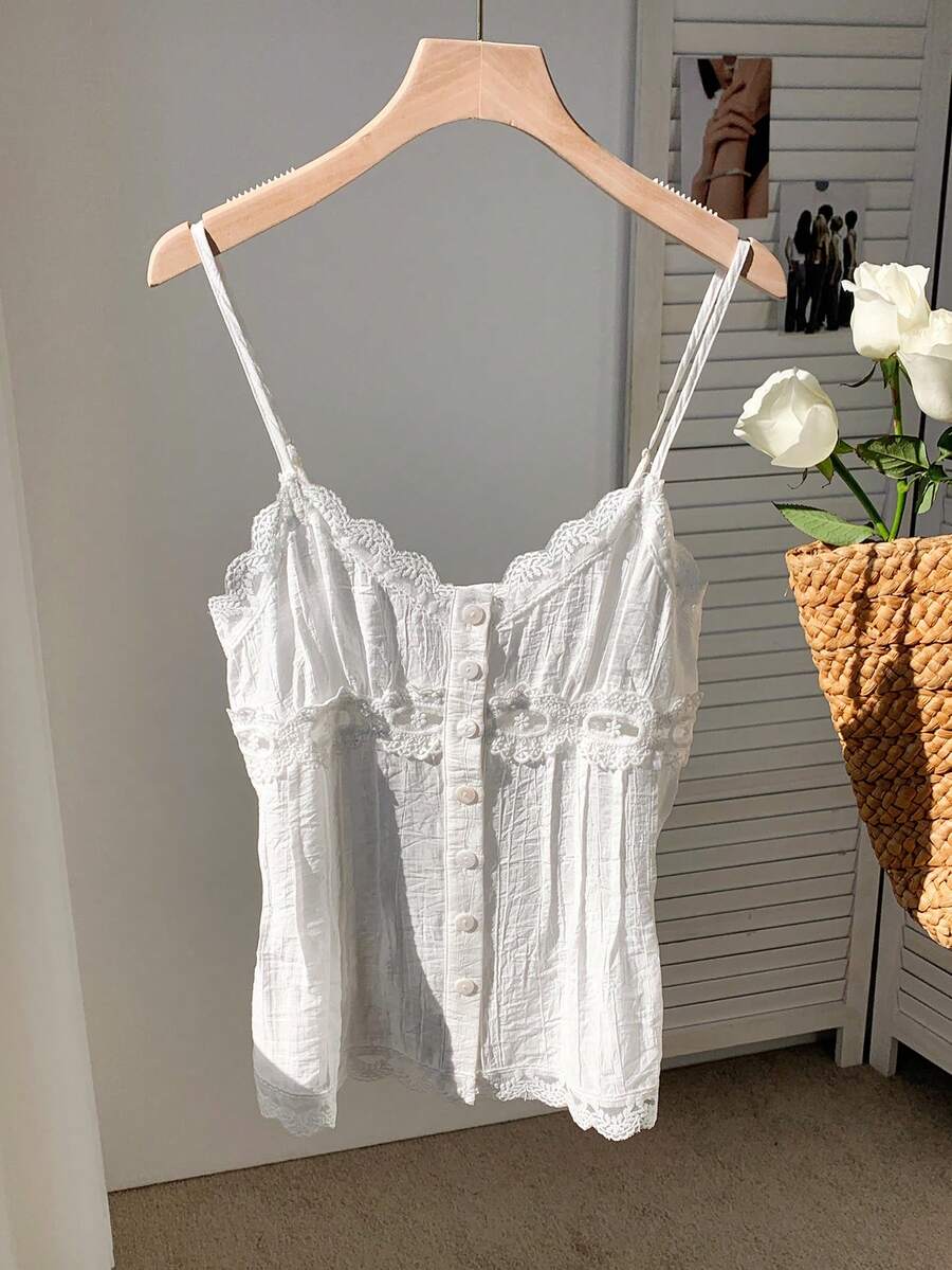 Comfortcana Women Solid Color Lace Splicing Button Design Summer Camisole Top - White - View 1