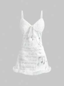 ROMWE Gyaru Y2K Abihimekaji Removable 2-In-1 Furry Musical Note Print Short Dress, Suitable For Winter Outfits - White - View 5