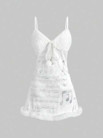 J-Fashion Gyaru Y2K Abihimekaji abnehmbares 2-in-1 Felliges Musikalische Note Muster Kurzes Kleid, geeignet für Winteroutfits