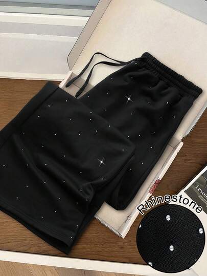 SHEIN PETITE CURVE GlowEve Petite 黑色长裤，女士加大码时尚水钻装饰高腰抽绳宽松直筒运动裤，秋季款