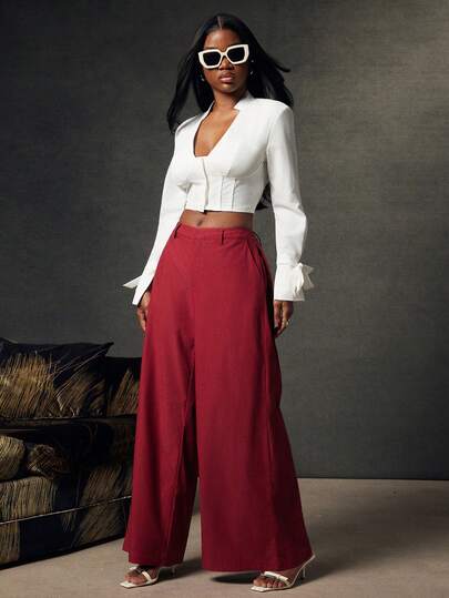 NYA SZN 中腰修身阔腿裤，商务休闲日常复古街头风酷女孩辣妹风，适合伊比沙岛假日浪漫红色秋冬潮流节日狂欢节女裤