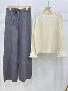 SHEIN Unity 2 件套女式杏色罗纹针织毛衣套装，长袖浅奶油色套头衫和裤子休闲简约装 - 彩色 - 查看 3