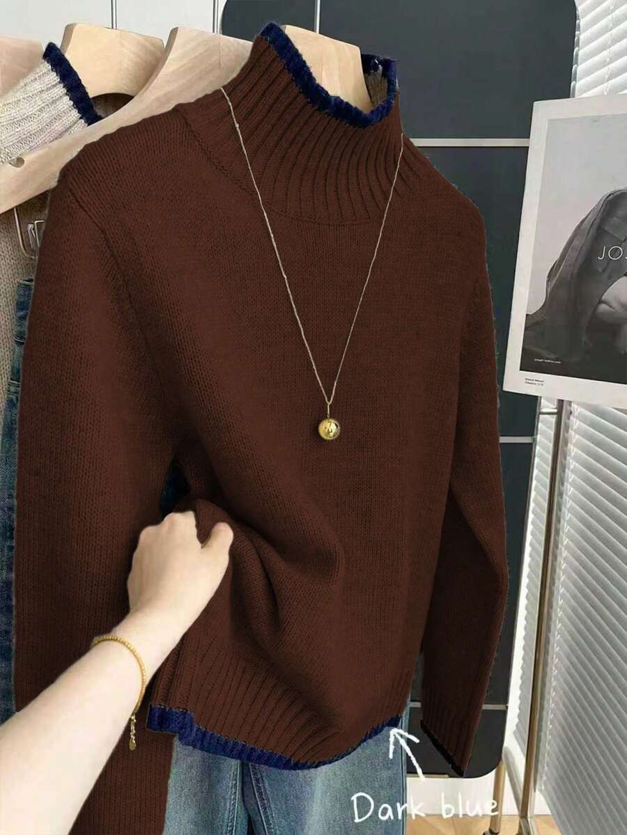 Franclia Suéter de Tricô Retrô Francês Solto de Gola Alta de Manga Longa com Recorte Contrastante para Mulheres, Outono/Inverno