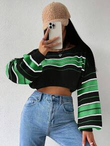 SHEIN Unity Suéter holgado de punto de cuello redondo de manga larga con rayas y corte cropped - Multicolor - Ver 6