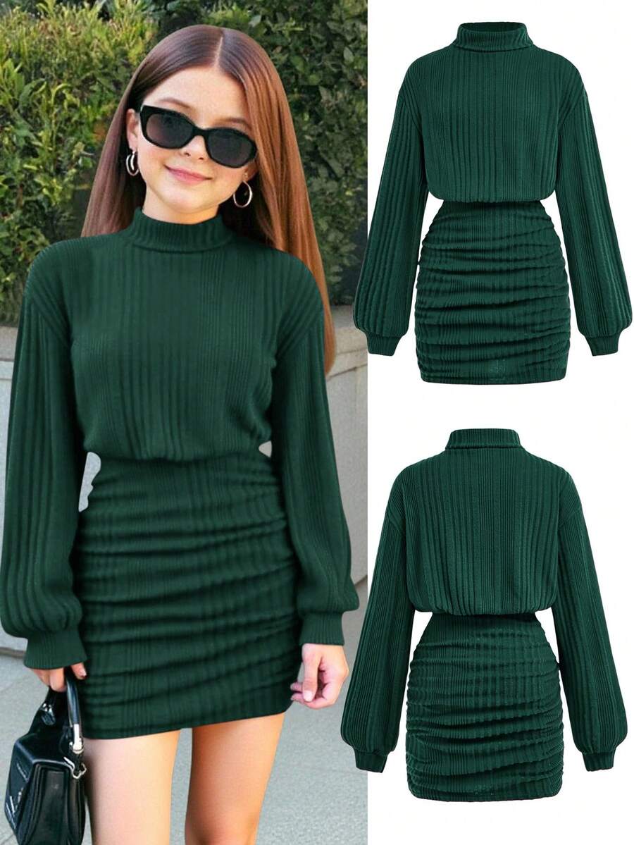 Firerie Kids Firerie Kids 少女绿色罗纹针织高领宽松腰部修身臀部褶皱连衣裙，休闲优雅复古百搭叠穿长袖短款连衣裙，适合圣诞派对、冬季穿着 - 綠色 - 查看 1