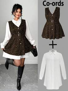 Elenzga Plus Size Women Suede Leopard Print Casual Shirt Dress 2 Pieces Set, Autumn/Winter Fall - Maroon - View 1