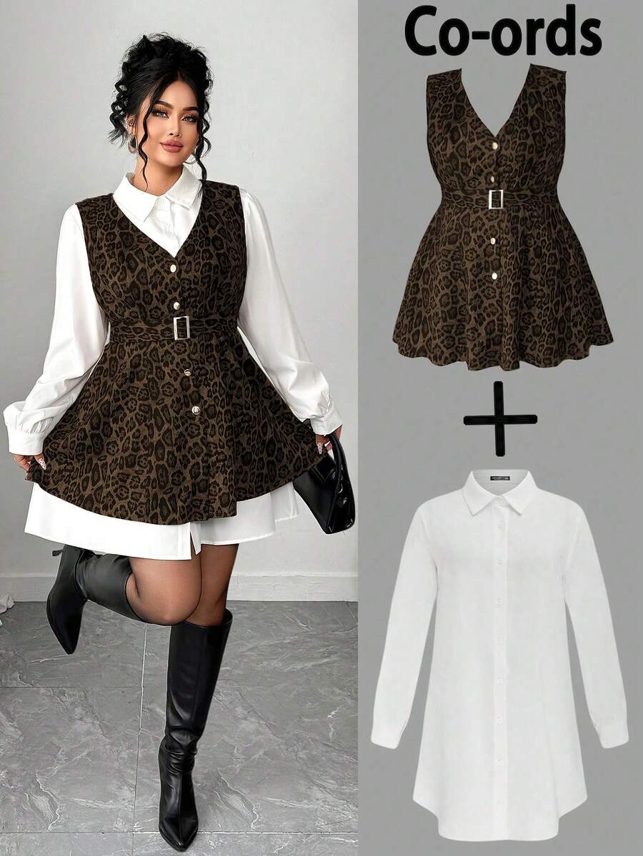 Elenzga Plus Size Women Suede Leopard Print Casual Shirt Dress 2 Pieces Set, Autumn/Winter Fall - Maroon - View 1