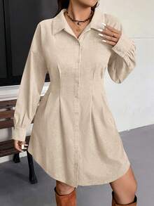 SHEIN VCAY Plus Size Autumn/Winter Waist Cinched Cardigan Style Casual Vintage Dress - Apricot - View 3