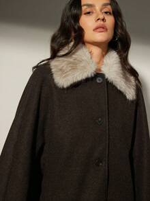Aveloria Modichic Detachable Fur Collar Overcoat, Classic Lapel Front Button Design, Simple And Elegant