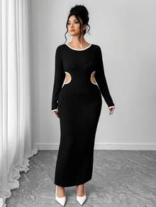 SHEIN PETITE CURVE Plus Size Women Elegant Hollow Waist Contrast Color Dress - Black - View 4