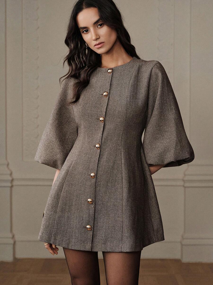 Aveloria Rosie 女士时尚灯笼袖人字纹针织连衣裙，优雅百搭 - 彩色 - 查看 1